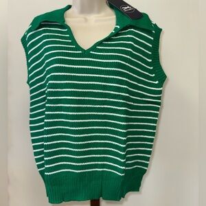 NWT Iwollence (Large) Brand New Green & White Striped Knit Sleeveless Sweater